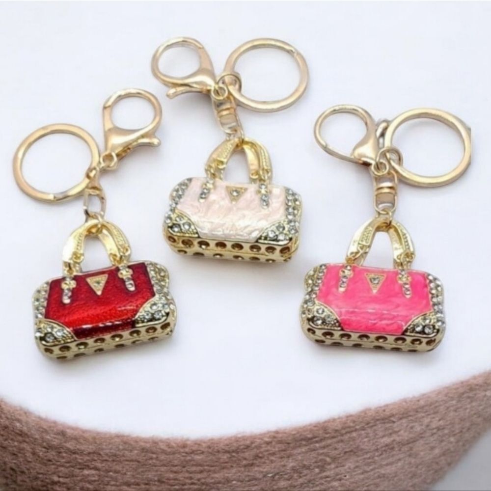 Mini Handbag CZ Rhinestone Pearlized Enamel Gold Keychain Keyring Key Chain Ring